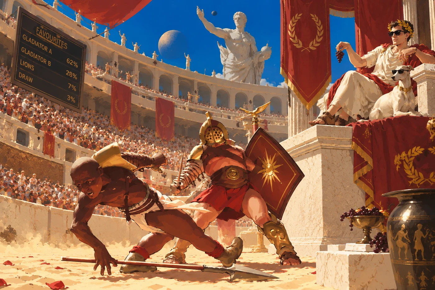 Gladiators compete in a marble arena while a spectator and his dog watch from above.