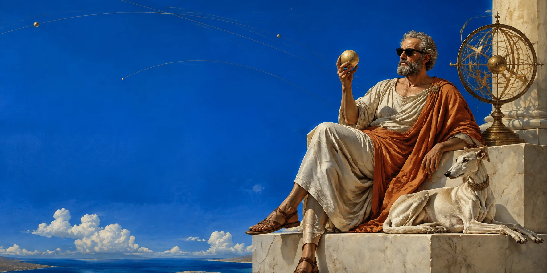A relaxed philosopher in sunglasses holds a golden planet beside an astronomical instrument and greyhound, above a cobalt Mediterranean sea.
